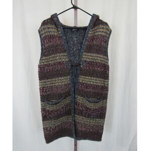 Zoria Medium Wool Blend Striped Knit Open Front Hooded Vest Red Brown Tan
